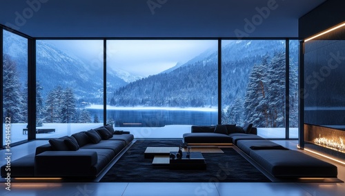 Modern chalet living room with mountain views