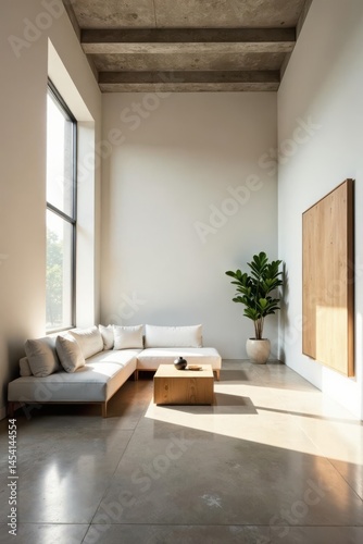 Modern Minimalist Living Room Interior Design with Large Window and Concrete Ceiling