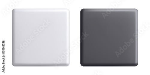 Square 3D push button mockup of white and black color isolated on white. Monochrome plastic key or badge pin or fridge magnet in realistic style. Empty vector template for branding or icon design.