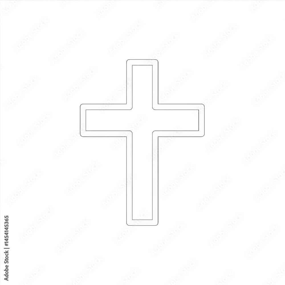 Minimalist white Christian cross icon with thin gray outline on white background, symbol of faith, religion, and spirituality Minimalist white Christian cross icon with thin gray outline on white background, symbol of faith, religion, and spirituality