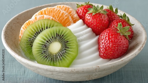 Delicious yogurt bowl with fresh strawberries, kiwi, and mandarin oranges for breakfast