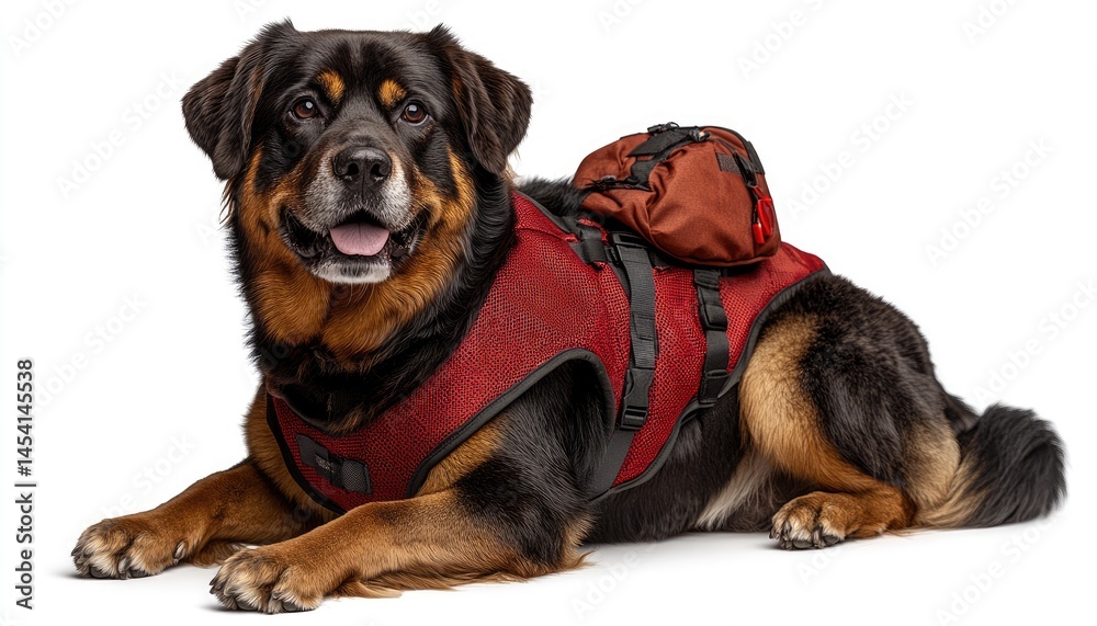 Dog wearing a red harness and backpack Dog wearing a red harness and backpack