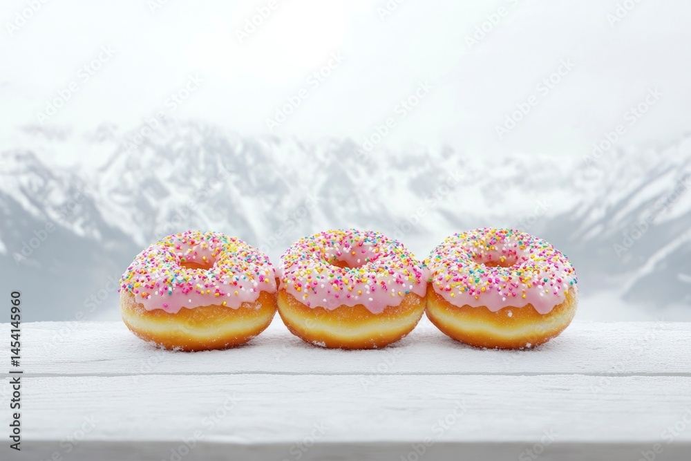 Donut with Pink Frosting on Snowy Table Donut with Pink Frosting on Snowy Table
