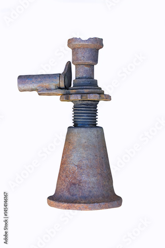 Old rusty two-stage screw jack isolate on white background.