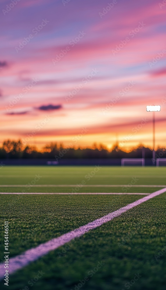 Serene sunset over an empty sports field, capturing the tranquil beauty of a quiet evening Serene sunset over an empty sports field, capturing the tranquil beauty of a quiet evening