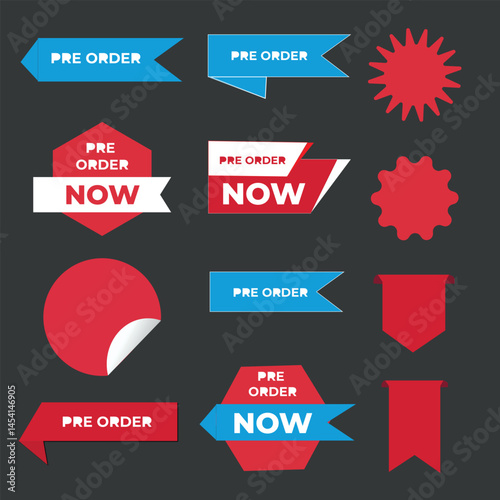 Collection of Pre-Order Badges and Labels in Red and Blue.