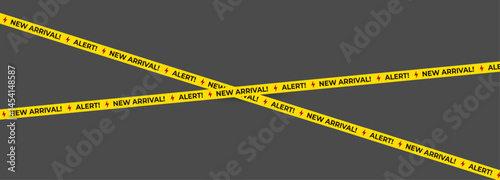 New arrival alert tape with lightning bolts and bold text. Eye-catching warning banner for product promotions, retail marketing, store ads. Vector illustration.
