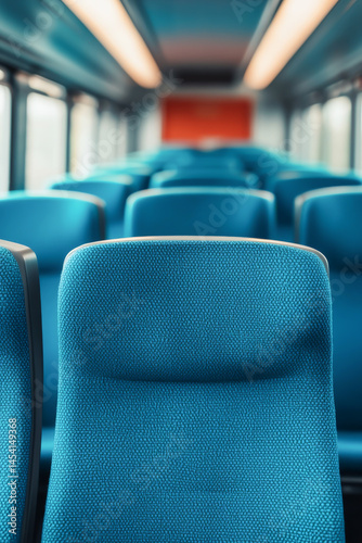 Blue train seats in a modern interior, creating a sleek and clean travel atmosphere.