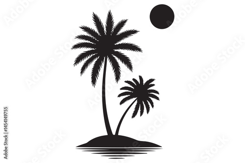 Tropical island paradise silhouette with palm tree and Sun
