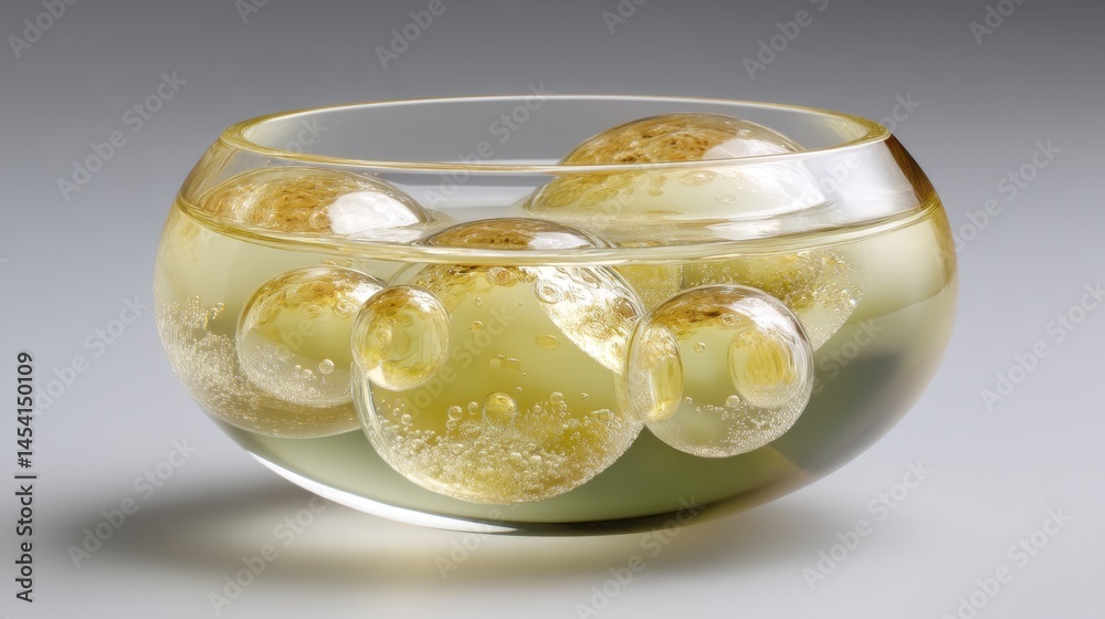 Glass bowl with floating oil bubbles in clear liquid