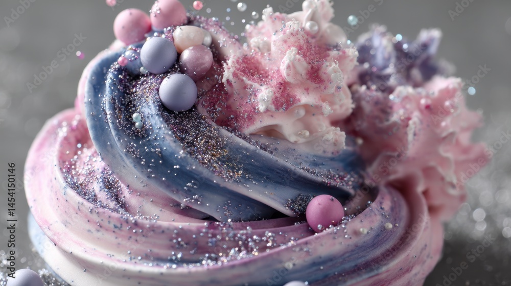 National Candy Month. Whimsical pastel swirl dessert with colorful sprinkles and glitter