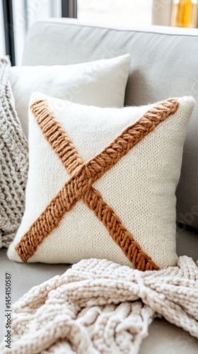 Cozy white knitted cushion with brown x pattern on couch