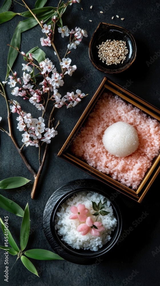 Traditional japanese rice ball on sakura-themed setup with cherry blossoms and bamboo leaves