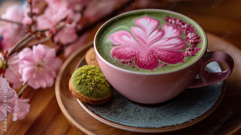 Decorative pink flower latte art in matcha with cherry blossoms
