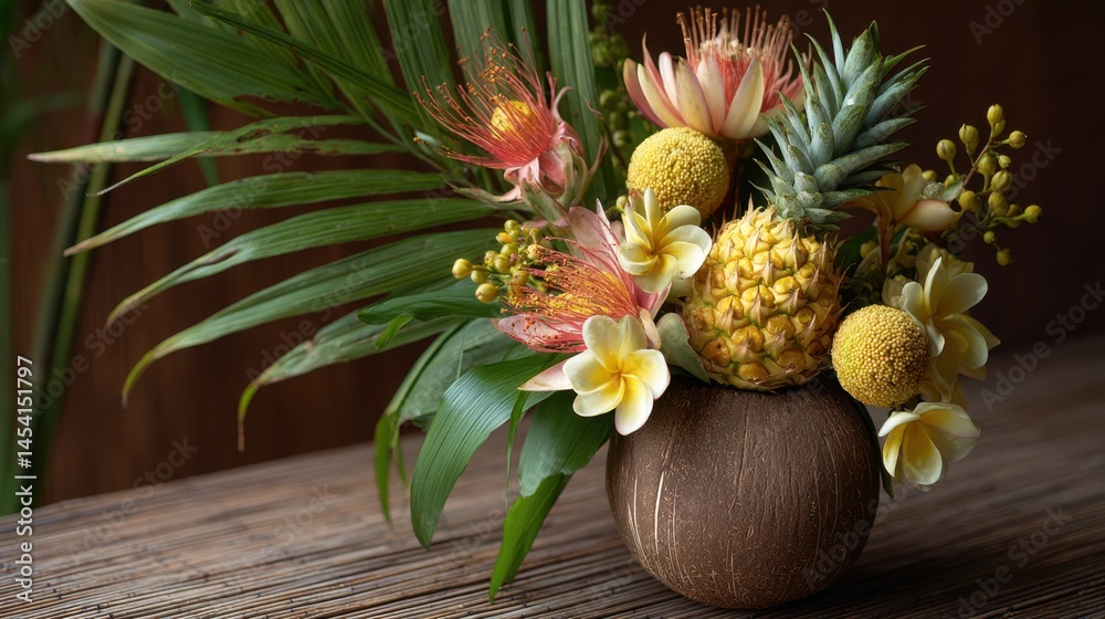 Tropical floral arrangement with pineapple and exotic flowers in coconut shell