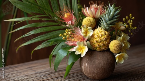 Obraz na płótnie Tropical floral arrangement with pineapple and exotic flowers in coconut shell w salonie