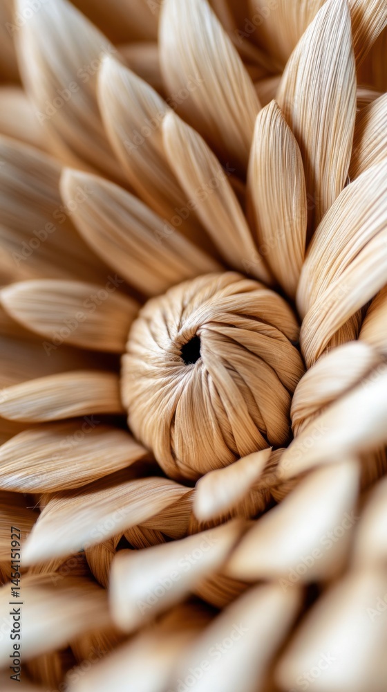 Close-up of intricate wooden flower carving with spiral center