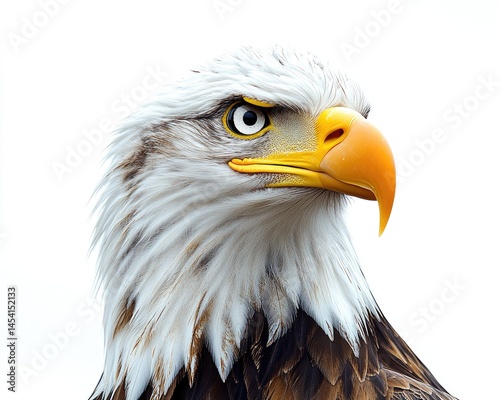 Bald eagle portrait showing its white head feathers and orange beak