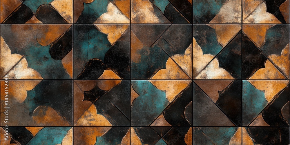 Geometric pattern of rustic ceramic tiles with floral motifs Geometric pattern of rustic ceramic tiles with floral motifs