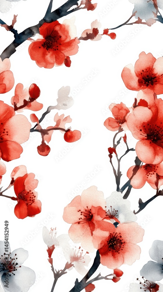 Elegant blossom design with red and white watercolor flowers on branches