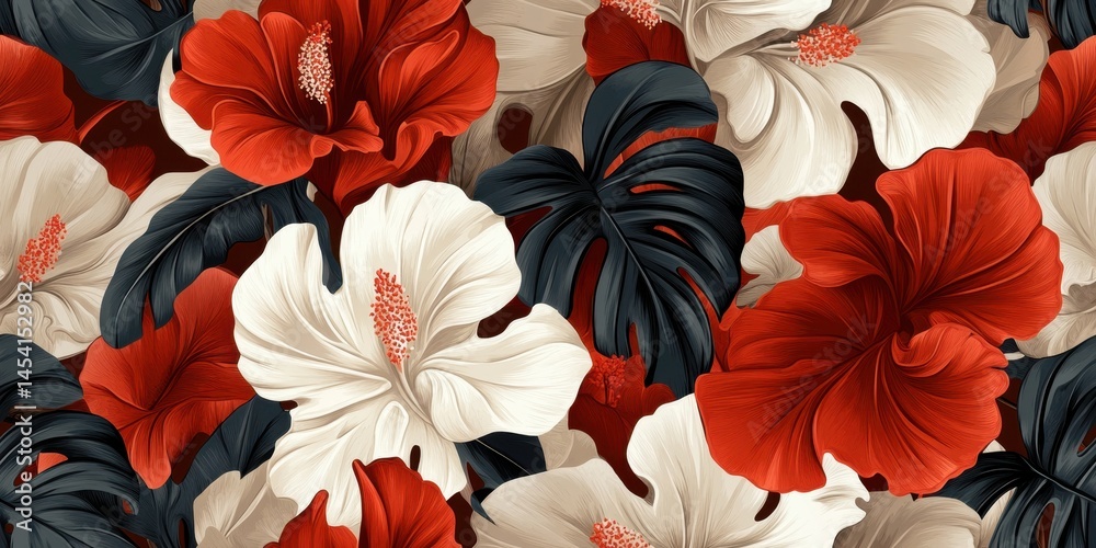 Vibrant red and white hibiscus with dark tropical leaves pattern