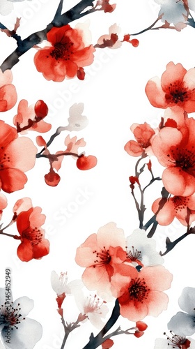 Obraz na płótnie Elegant blossom design with red and white watercolor flowers on branches w salonie