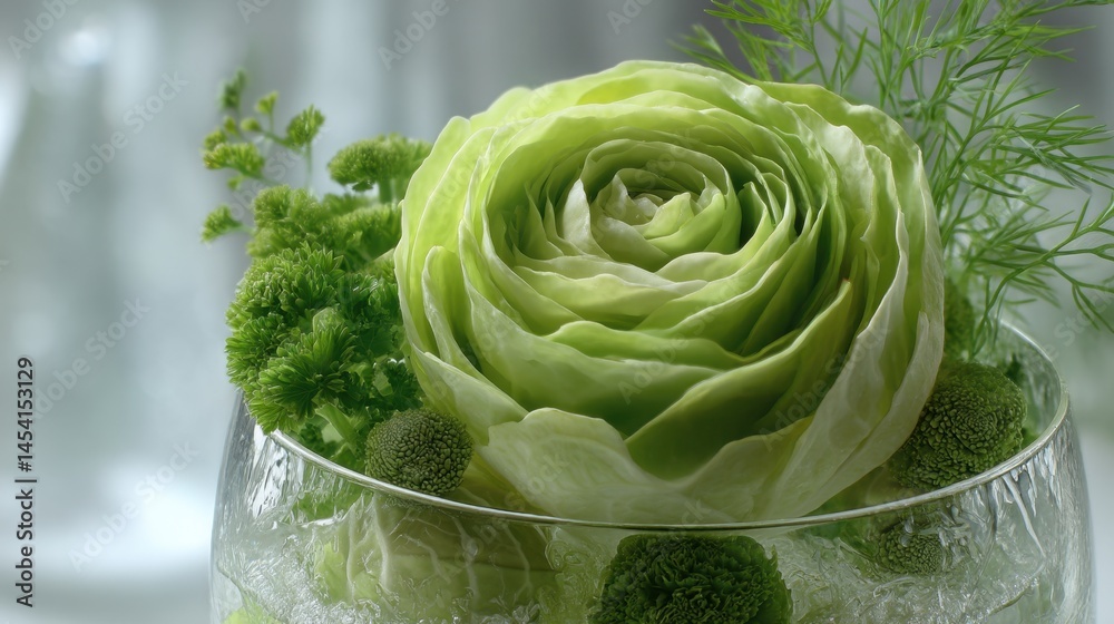 Green cabbage flower arrangement in glass vase with delicate greenery