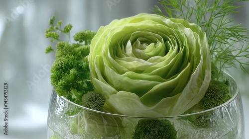 Obraz na płótnie Green cabbage flower arrangement in glass vase with delicate greenery w salonie