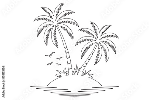 Simple line art of a tropical island with palm tree
