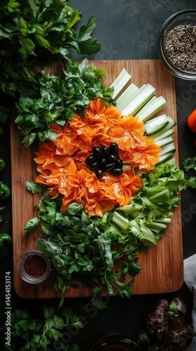 Obraz na płótnie Fresh vegetable arrangement with carrot flowers, celery, olives, and mixed greens w salonie