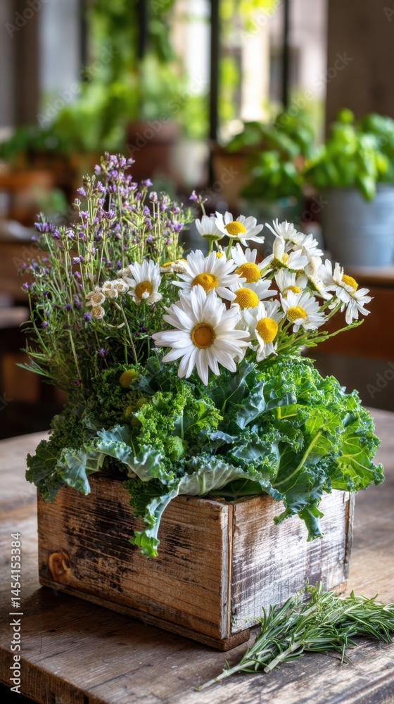 Rustic floral arrangement with daisies and kale in wooden box on farmhouse table