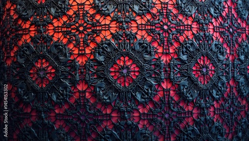 Geometric lace overlay, repeating motif, black thread, grid, overlay