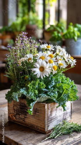 Obraz na płótnie Rustic floral arrangement with daisies and kale in wooden box on farmhouse table w salonie