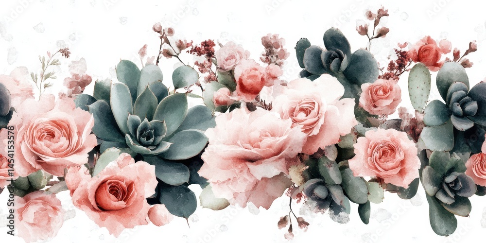 Floral arrangement with succulents and pink roses in watercolor style