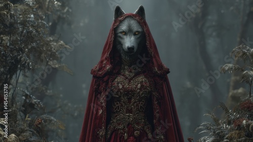 Mystical creature in red hooded cloak in enchanted forest World Outlander Day