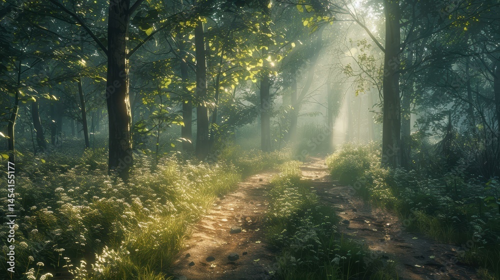 Fototapeta premium Sunlight Filtering Through Woodland Trail