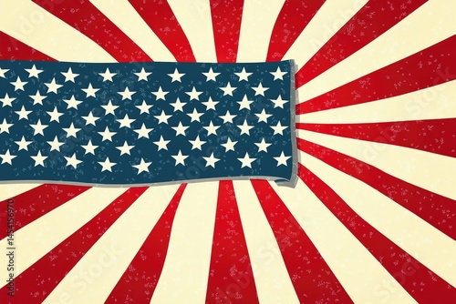 Patriotic graphic with stars and stripes on a sunburst background in red and white