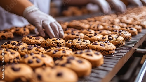 Gloved hands carefully arrange freshly baked chocolate chip cookies on a conveyor belt in a modern bakery production line.
