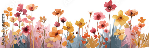 Early spring garden flowers. Forest and garden blooming plants with insects and green grass cartoon watercolor arrangements with small flower. 