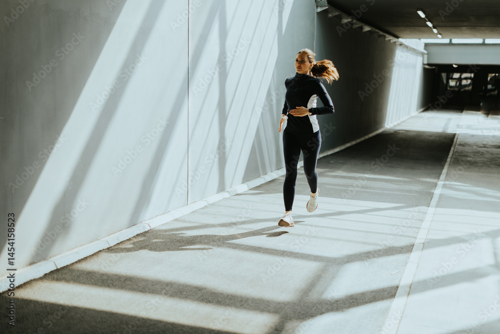 Running through the urban passageway as sunlight streams in during the early morning hours