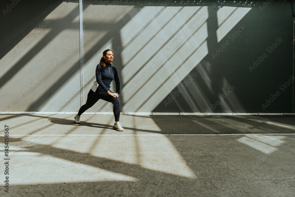 Dynamic stretching routine in a sunlit urban gym with striking shadow patterns on the floor