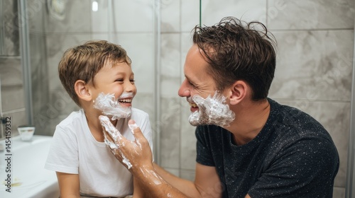 Father and son share a joyful shaving moment in the bathroom.