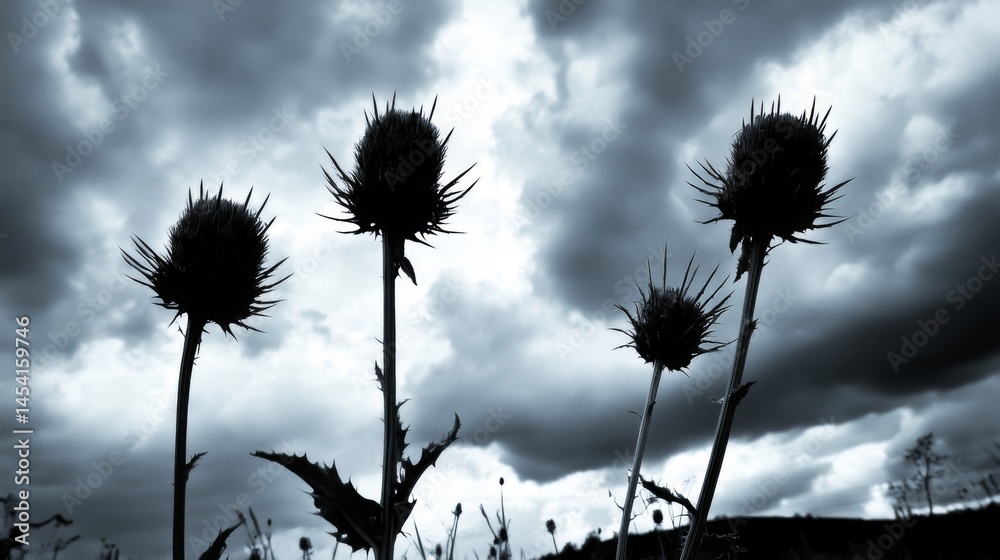 Obraz premium Silhouetted Thistles Against a Dramatic Stormy Sky