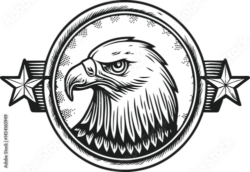 Eagle head inside circular emblem with stars and striped American shield, black and white sketch engraving style vector illustration

