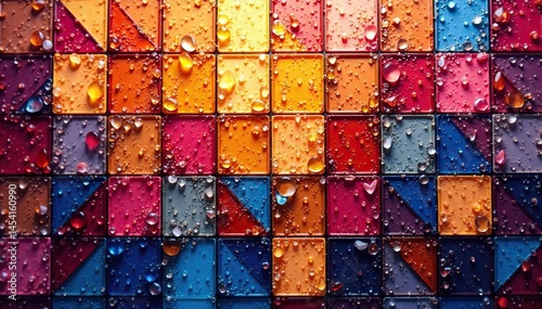 Geometric abstract mosaic tile surface, vibrant colors, contemporary, colorful