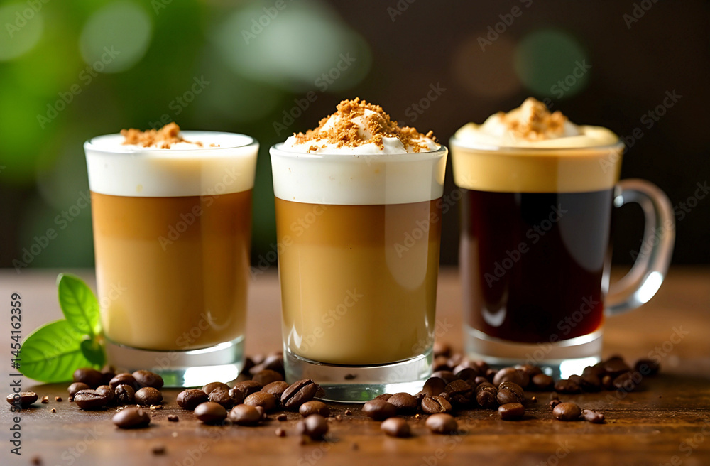 Delicious coffee variations served in elegant glasses with whipped cream and toppings on a wooden table in a cozy setting