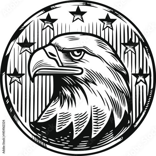 Eagle head inside circular emblem with stars and striped American shield, black and white sketch engraving style vector illustration

