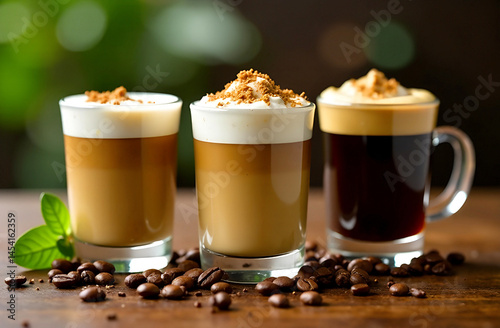 Obraz na płótnie Delicious coffee variations served in elegant glasses with whipped cream and toppings on a wooden table in a cozy setting w salonie