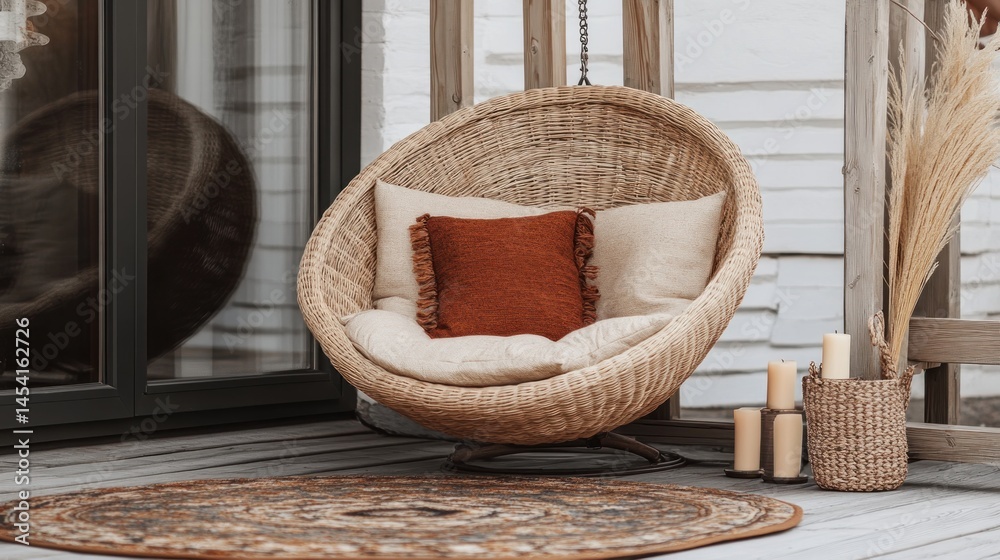 Fototapeta premium Rustic wicker hanging chair on a porch deck.