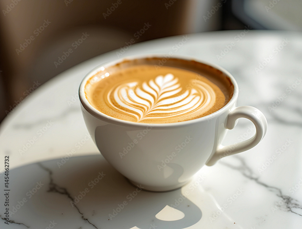Artfully crafted latte with beautiful leaf design placed on a marble table inside a cozy coffee shop during afternoon sunlight